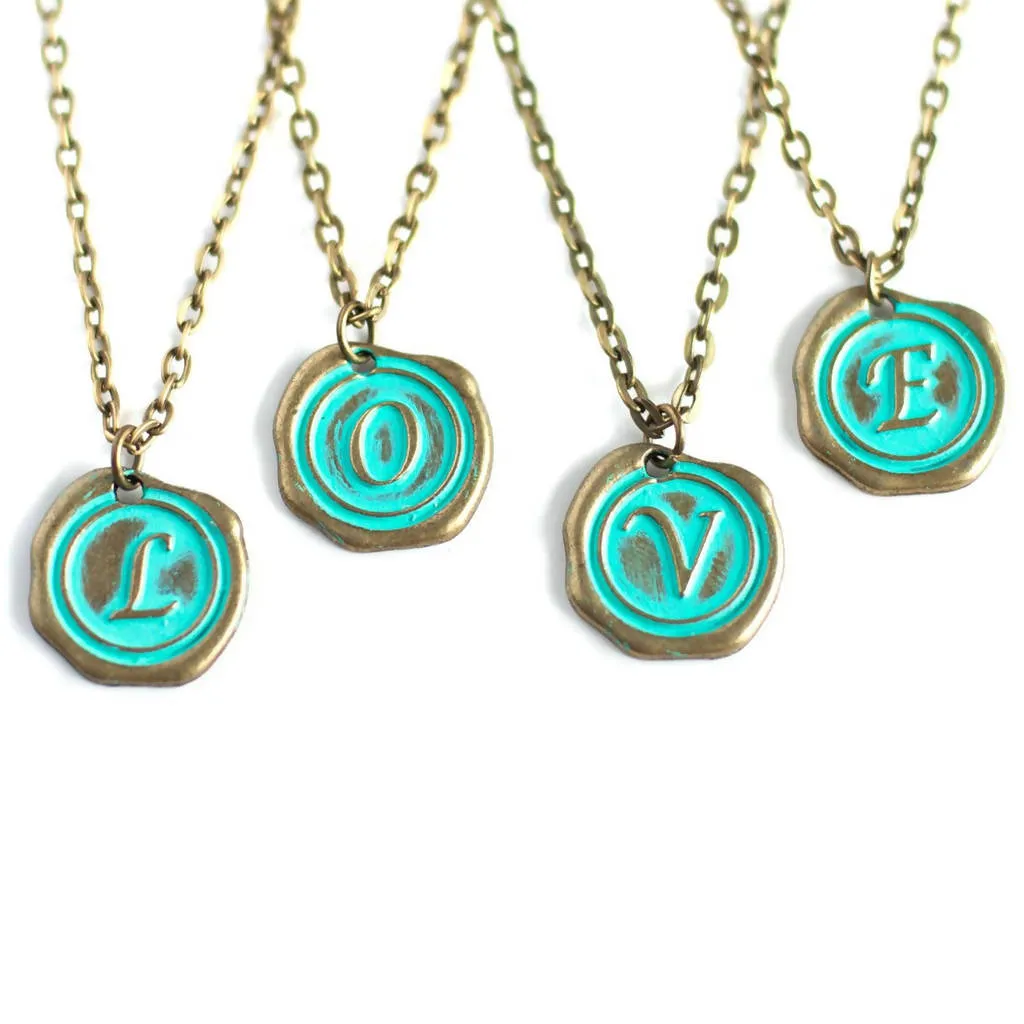 Wax Seal Initial Charm Necklace - Teal