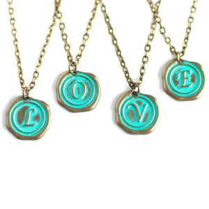 Wax Seal Initial Charm Necklace - Teal