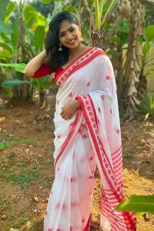 White & Red Alluring Soft Silk Saree