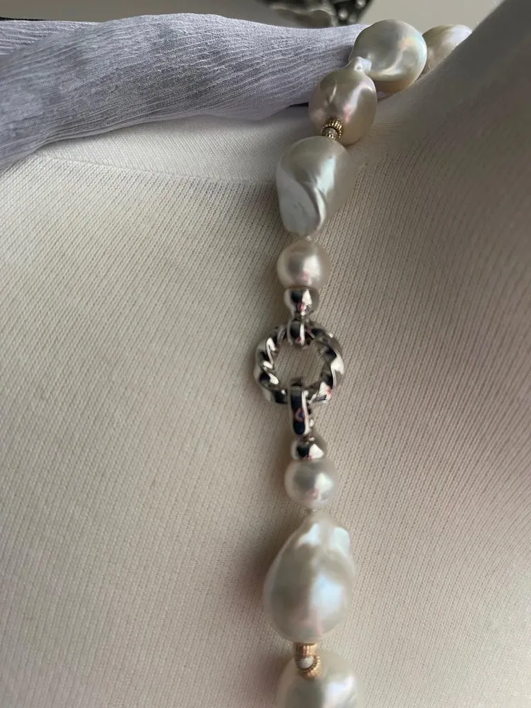 White Baroque Freshwater Pearl and White Gold Necklace