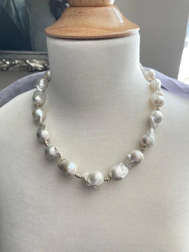 White Baroque Freshwater Pearl and White Gold Necklace
