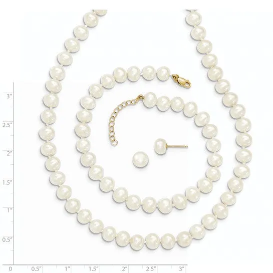 White Freshwater Pearl 14K Necklace Earrings Bracelet Set