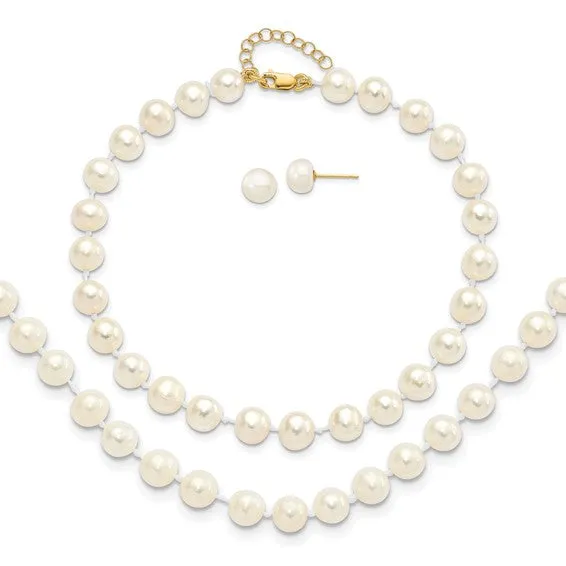 White Freshwater Pearl 14K Necklace Earrings Bracelet Set