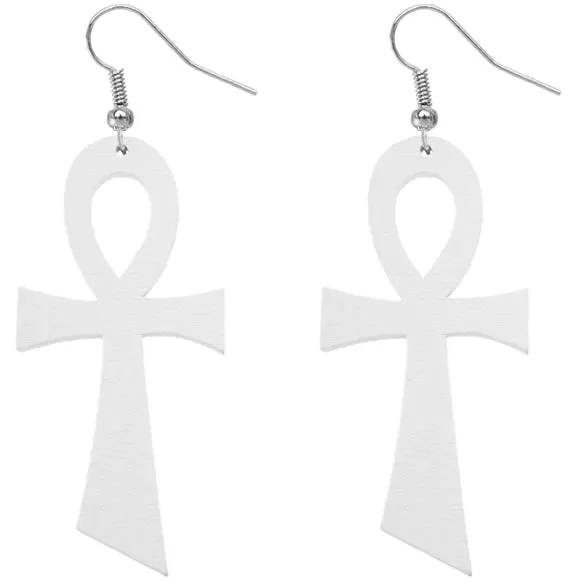 White Wooden Ankh Earrings
