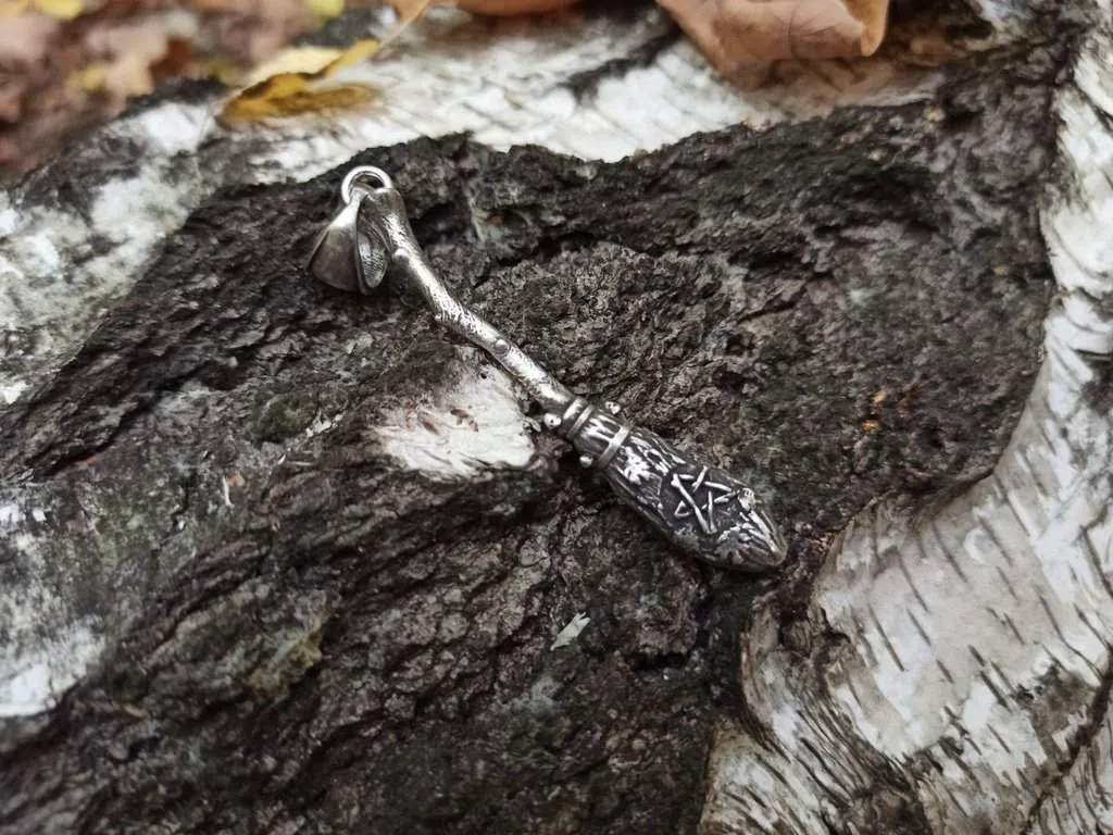 Witch broom silver plated pendant