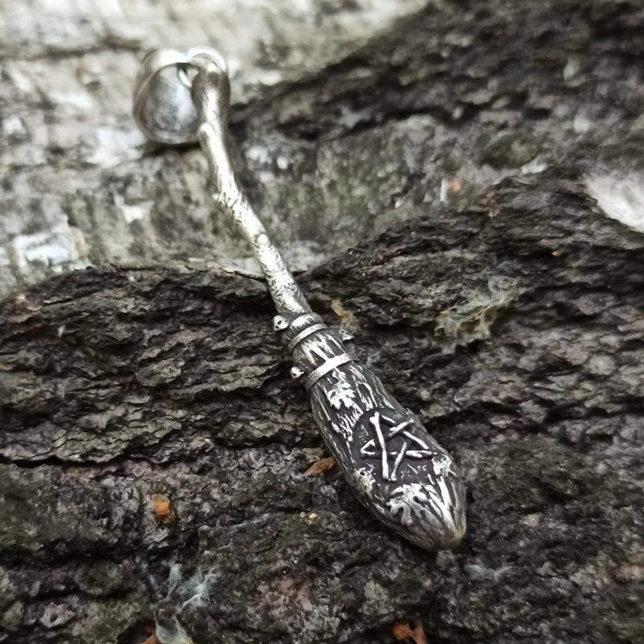 Witch broom silver plated pendant