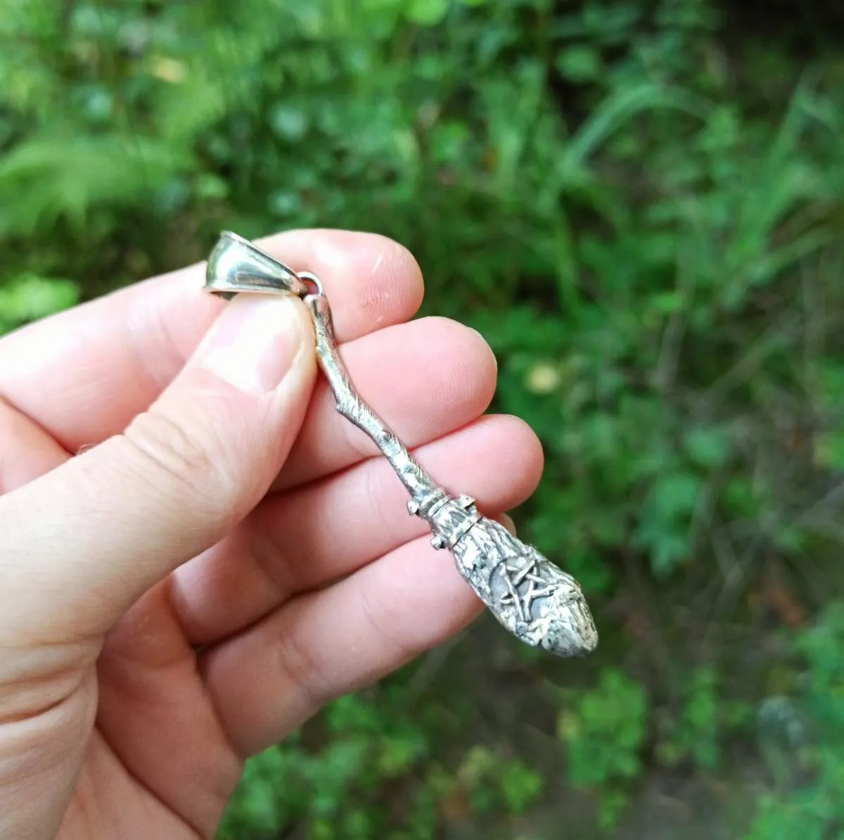 Witches broom silver pendant