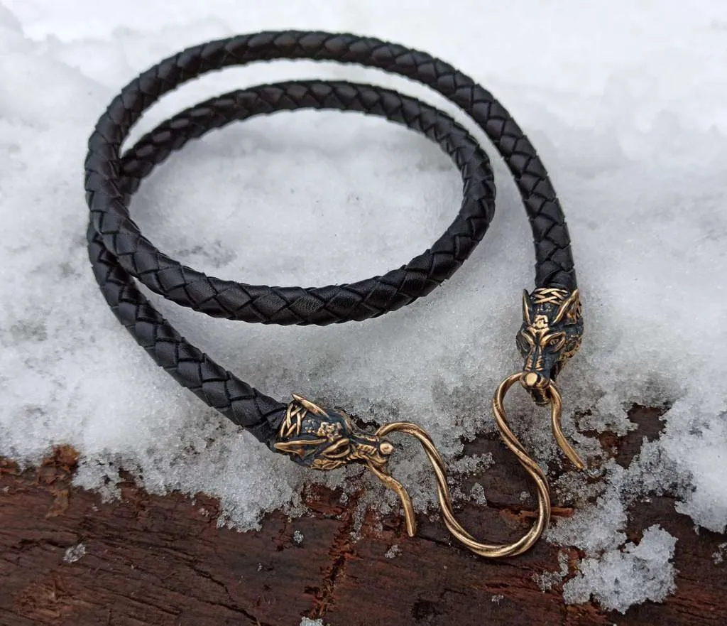 Wolf Geri and Freki leather necklace with Bronze clasps