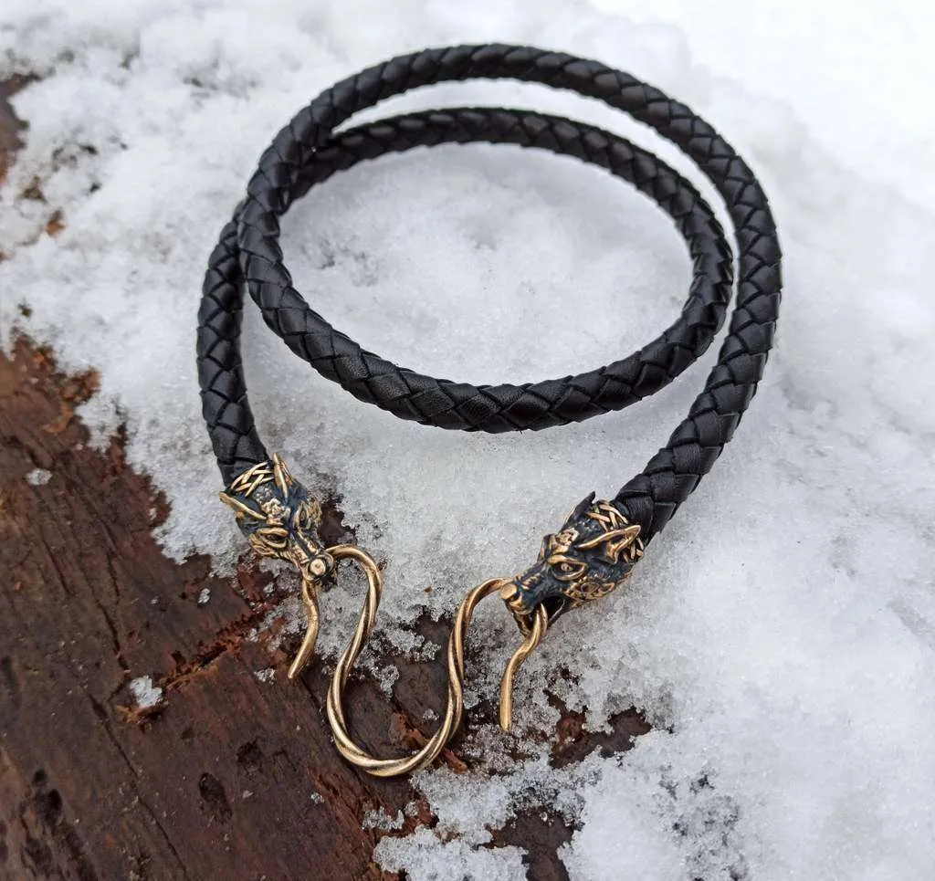 Wolf Geri and Freki leather necklace with Bronze clasps
