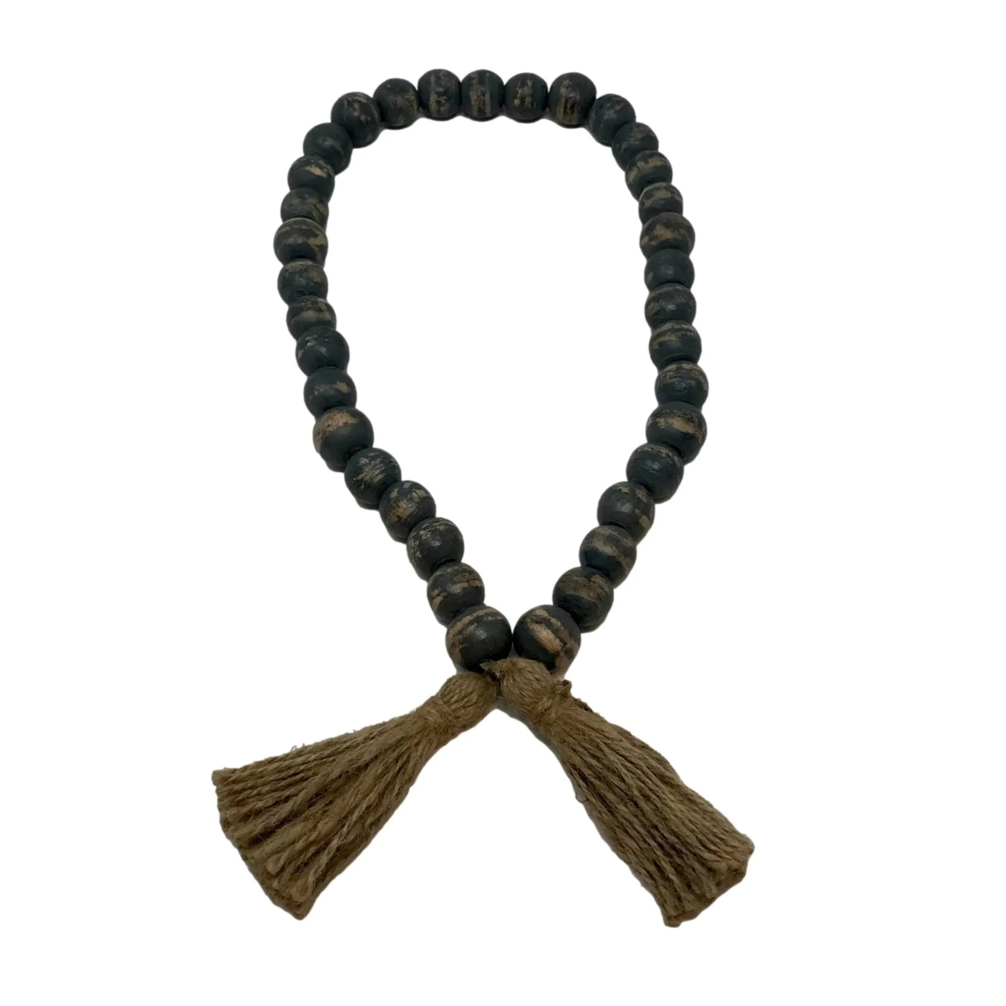 Wooden Boho Bead Garland with Natural Jute Tassels-Whitewash: Black Washed