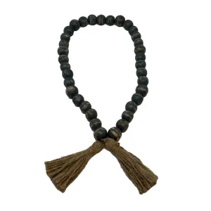 Wooden Boho Bead Garland with Natural Jute Tassels-Whitewash: Black Washed