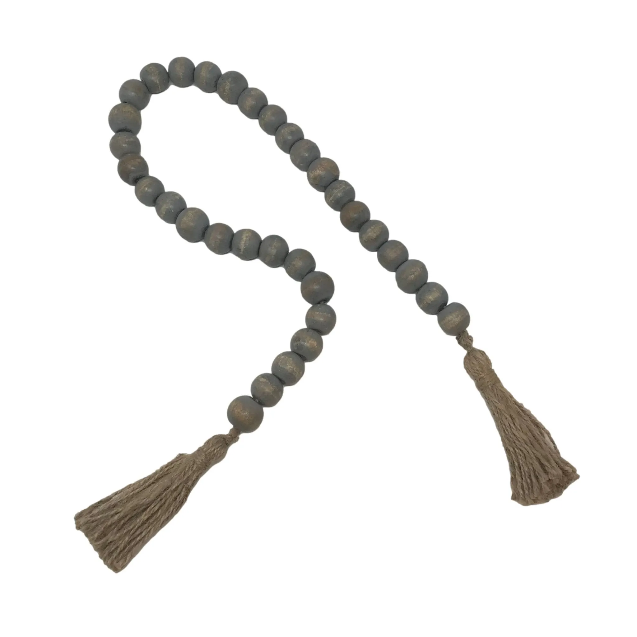 Wooden Boho Bead Garland with Natural Jute Tassels-Whitewash: Black Washed