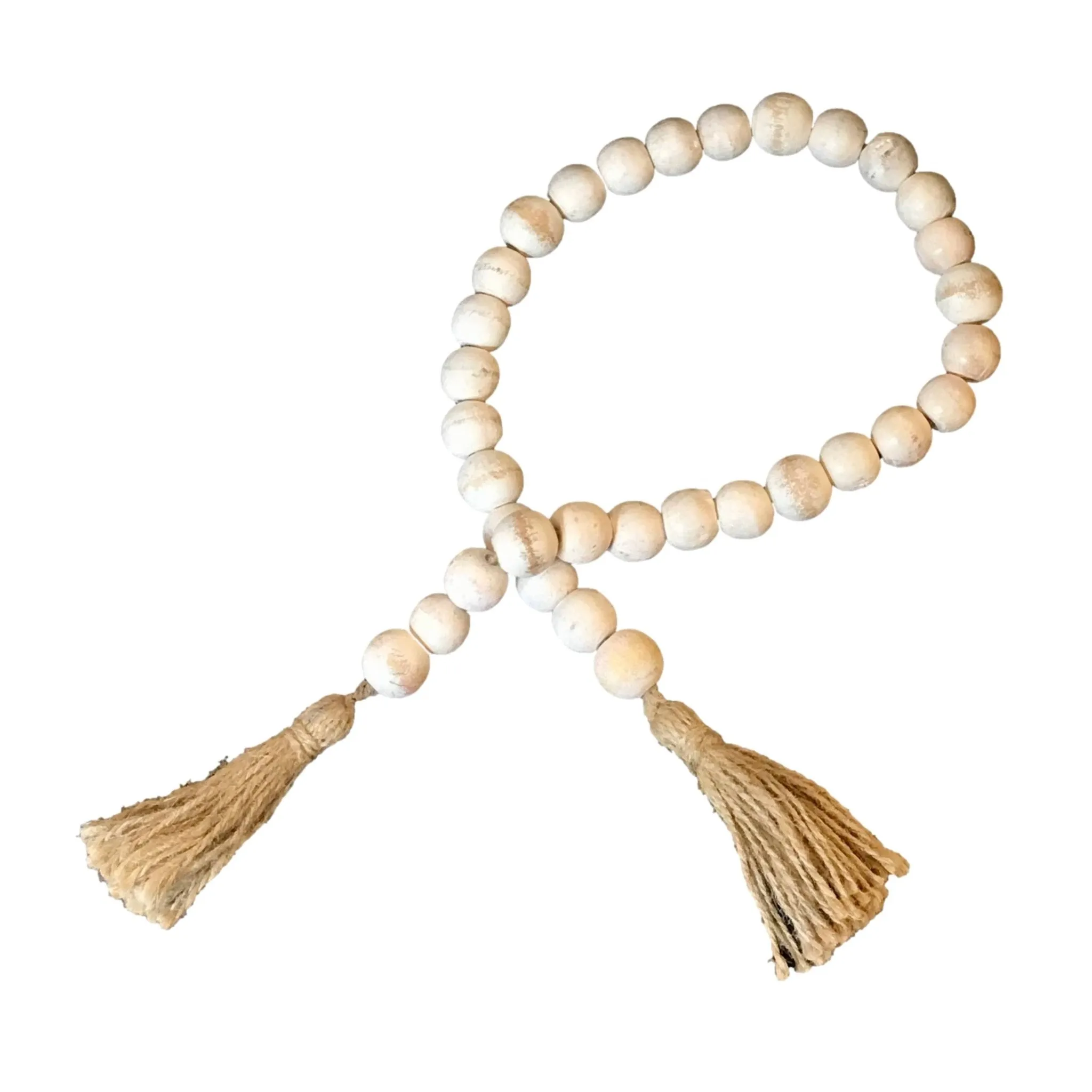 Wooden Boho Bead Garland with Natural Jute Tassels-Whitewash: Black Washed