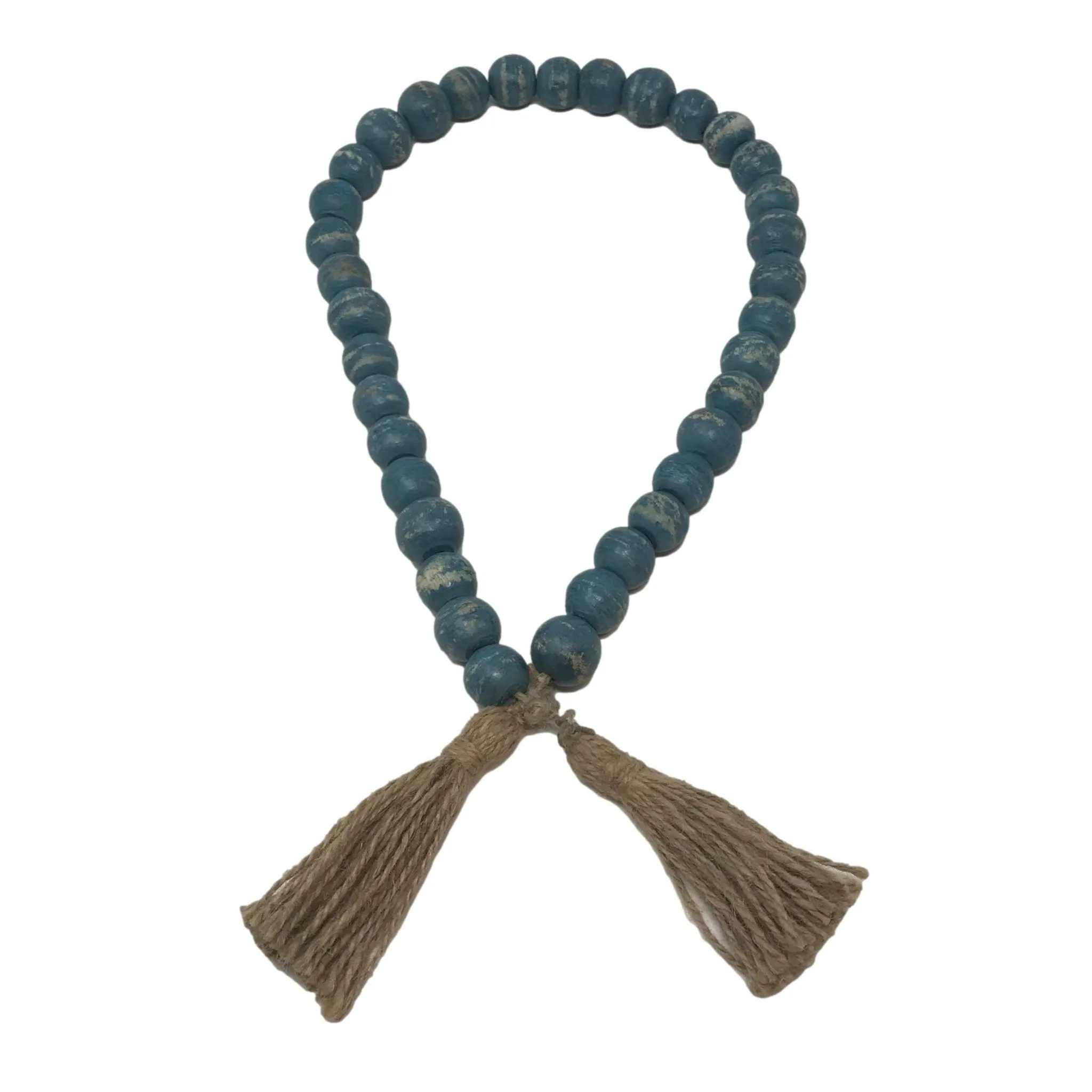Wooden Boho Bead Garland with Natural Jute Tassels-Whitewash: Black Washed