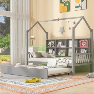 Wooden Twin Size House Bed with Trundlekids Shelf for Bedroom White